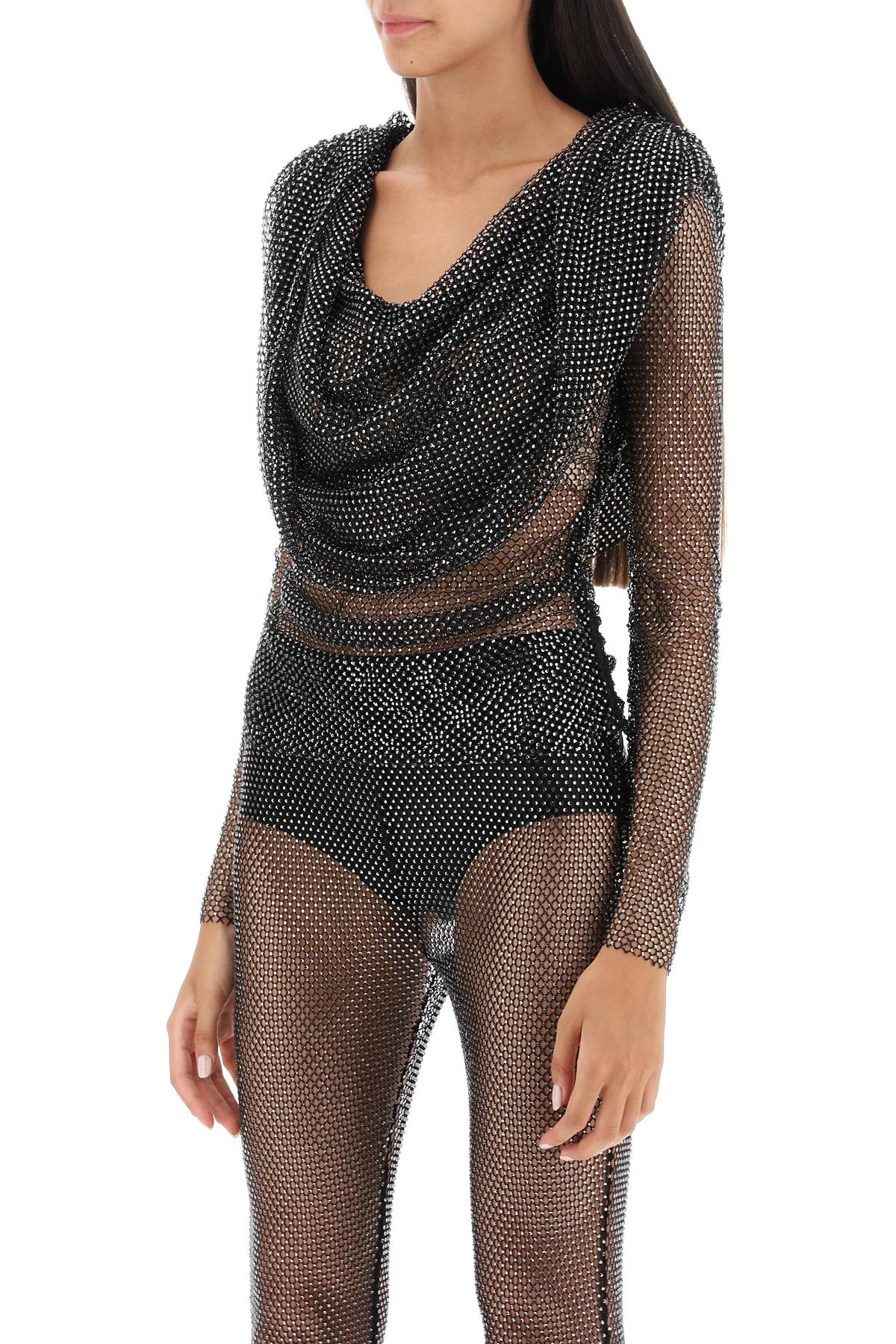 GIUSEPPE DI MORABITO Black Rhinestone Fishnet Hooded Top for Women - FW23 Collection