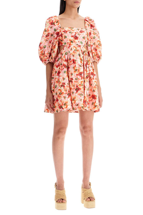 ZIMMERMANN Linen Floral Mini Dress with Balloon Sleeves and Pleated Skirt
