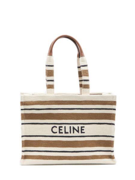 CELINE Striped Cotton Canvas Large Tote Bag with Embroidered Logo, Multicolor 29x40x17cm