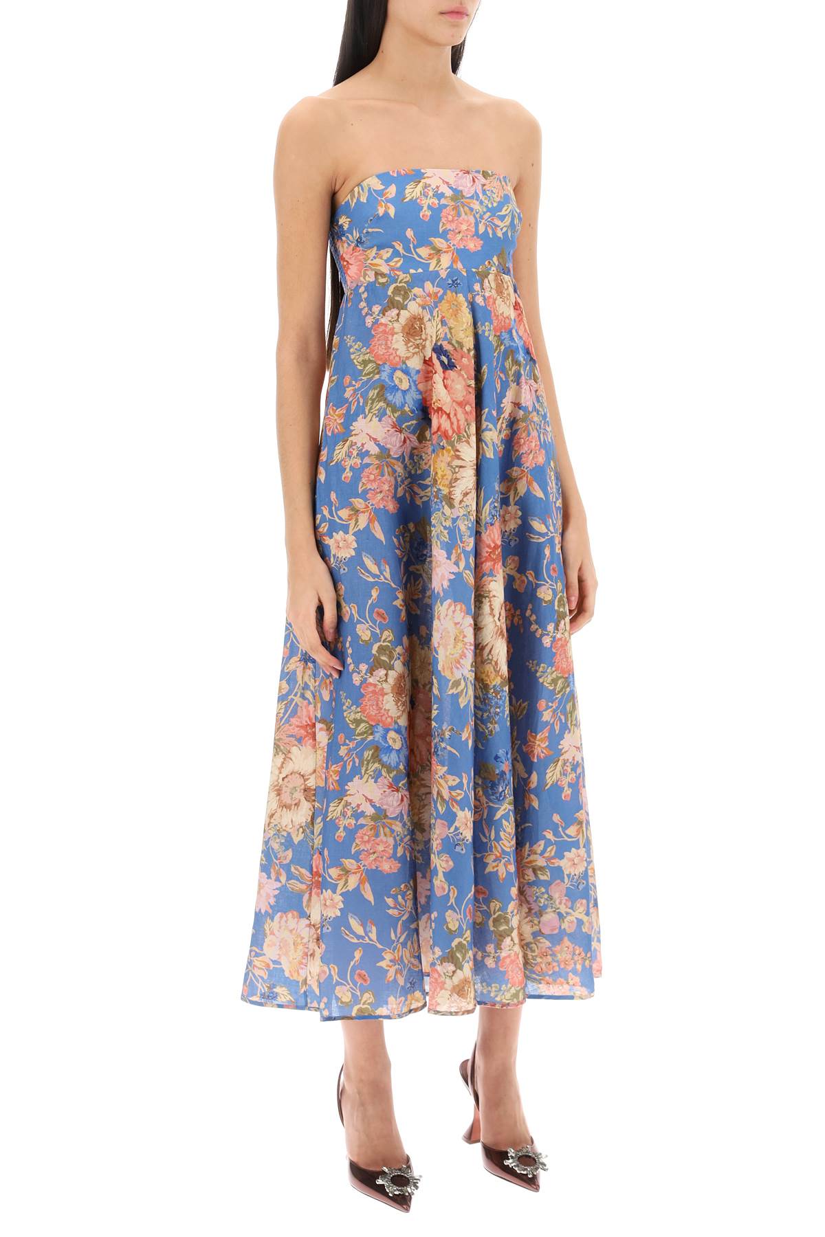 Floral-Printed Linen Bandeau Dress