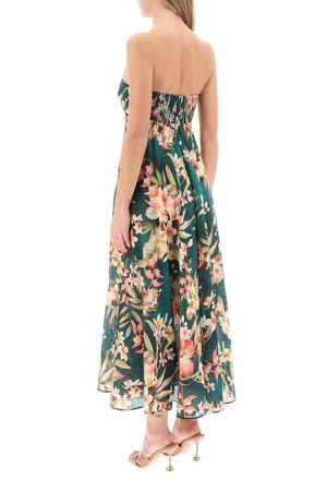 فستان نصف مريح مطبوع بطبعات زهور خضراء من الكتان للنساء