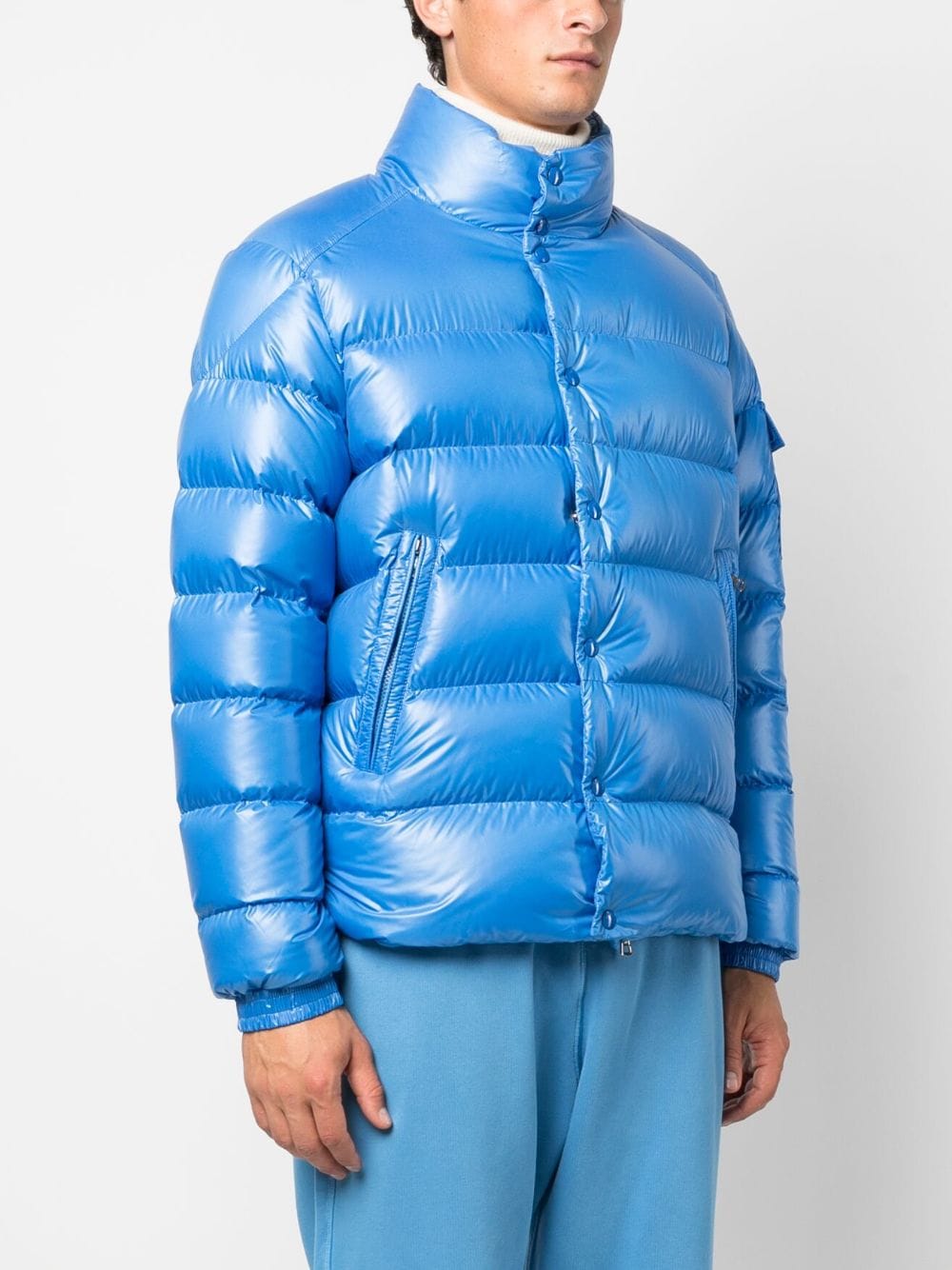 MONCLER Men's Cobalt Blue Padded Down Jacket with Glossy Finish and Logo Detail