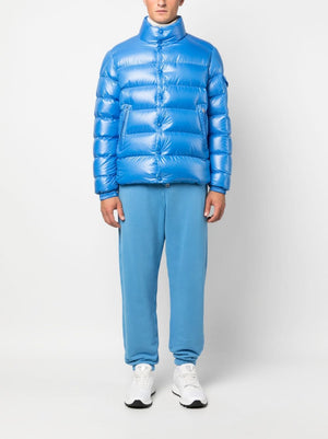 MONCLER Men's Cobalt Blue Padded Down Jacket with Glossy Finish and Logo Detail