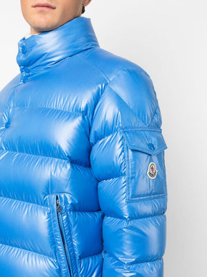 MONCLER Men's Cobalt Blue Padded Down Jacket with Glossy Finish and Logo Detail