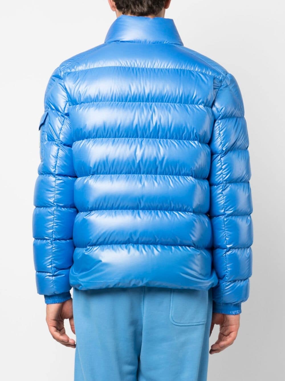 MONCLER Men's Cobalt Blue Padded Down Jacket with Glossy Finish and Logo Detail