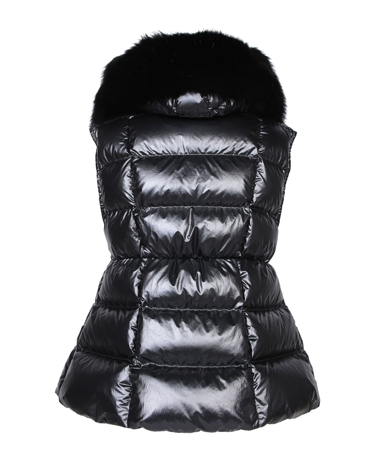 MONCLER Metallic Grey Fitted Sleeveless Jacket with Removable Hood