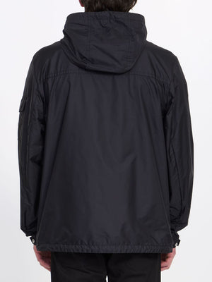 女性用ブラックミドル丈パーカジャケット、メッシュディテール付き