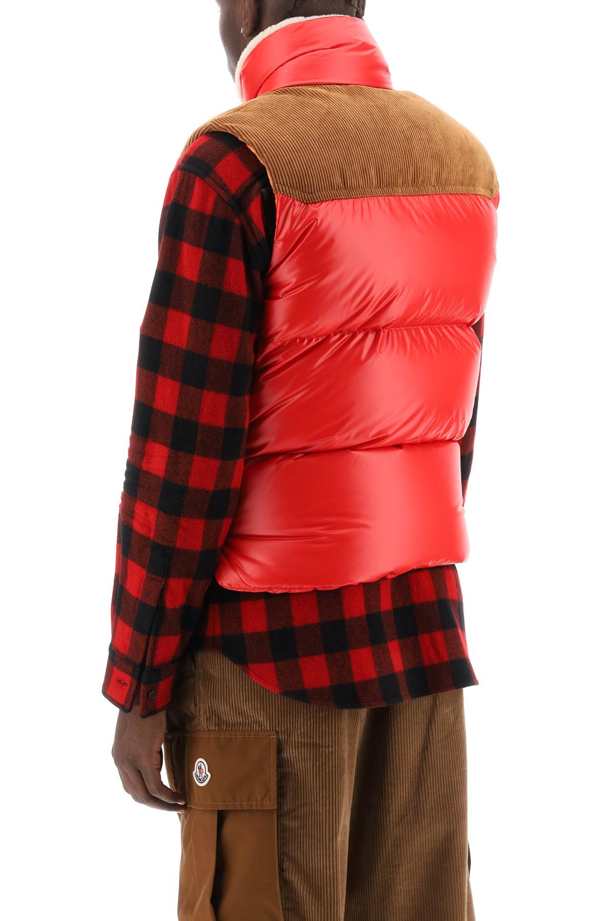 MONCLER Red Wool Bodywarmer Jacket with Velvet Inserts and Logo Detail