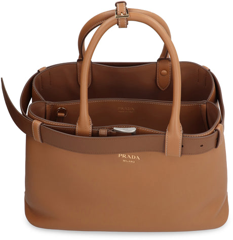 Saddle Brown Leather Tote Bag with Removable Belt and Gold-Tone Hardware