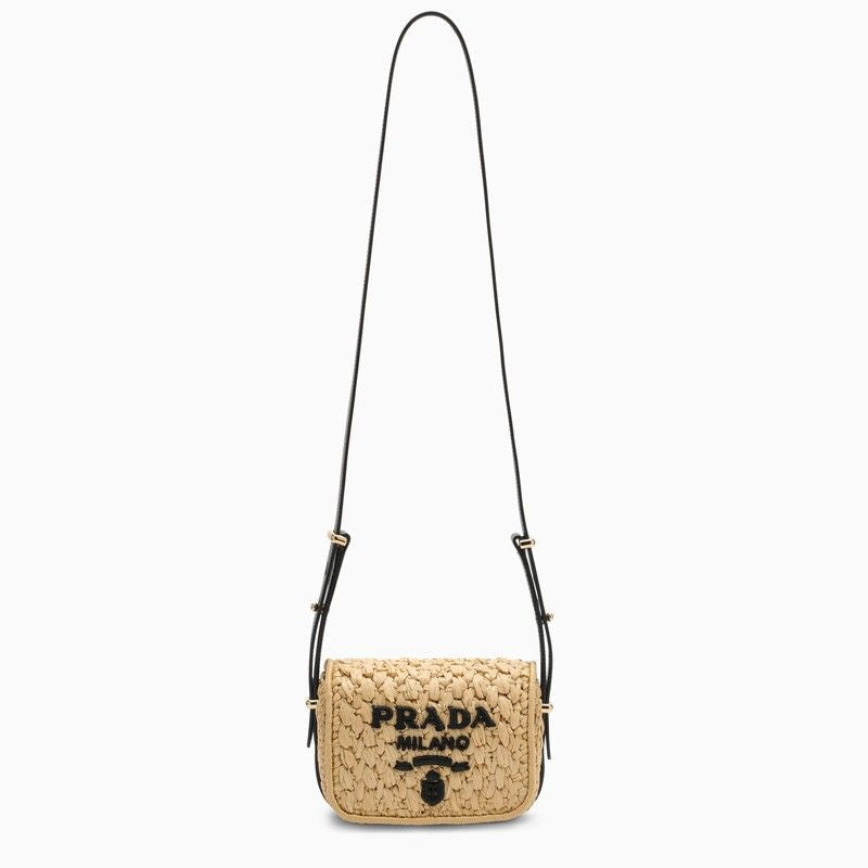 PRADA Natural and Black Raffia Mini Shoulder Handbag