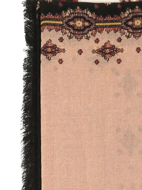 黑色印花围巾带丝带和小圆点，边框有实色装饰