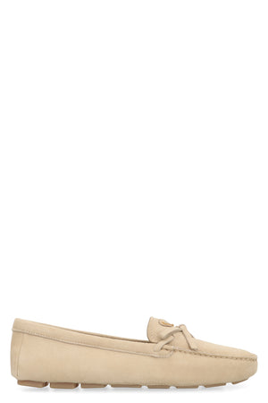 Ecru Suede Loafers with Front Bow and Visible Stitching