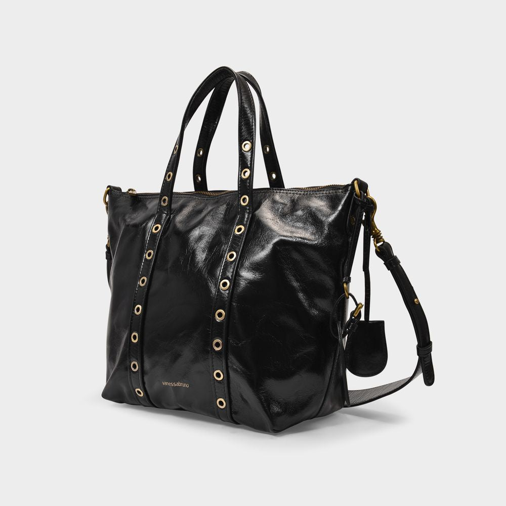 VANESSA BRUNO	 Zippy PM Cracked Leather Handbag in Black