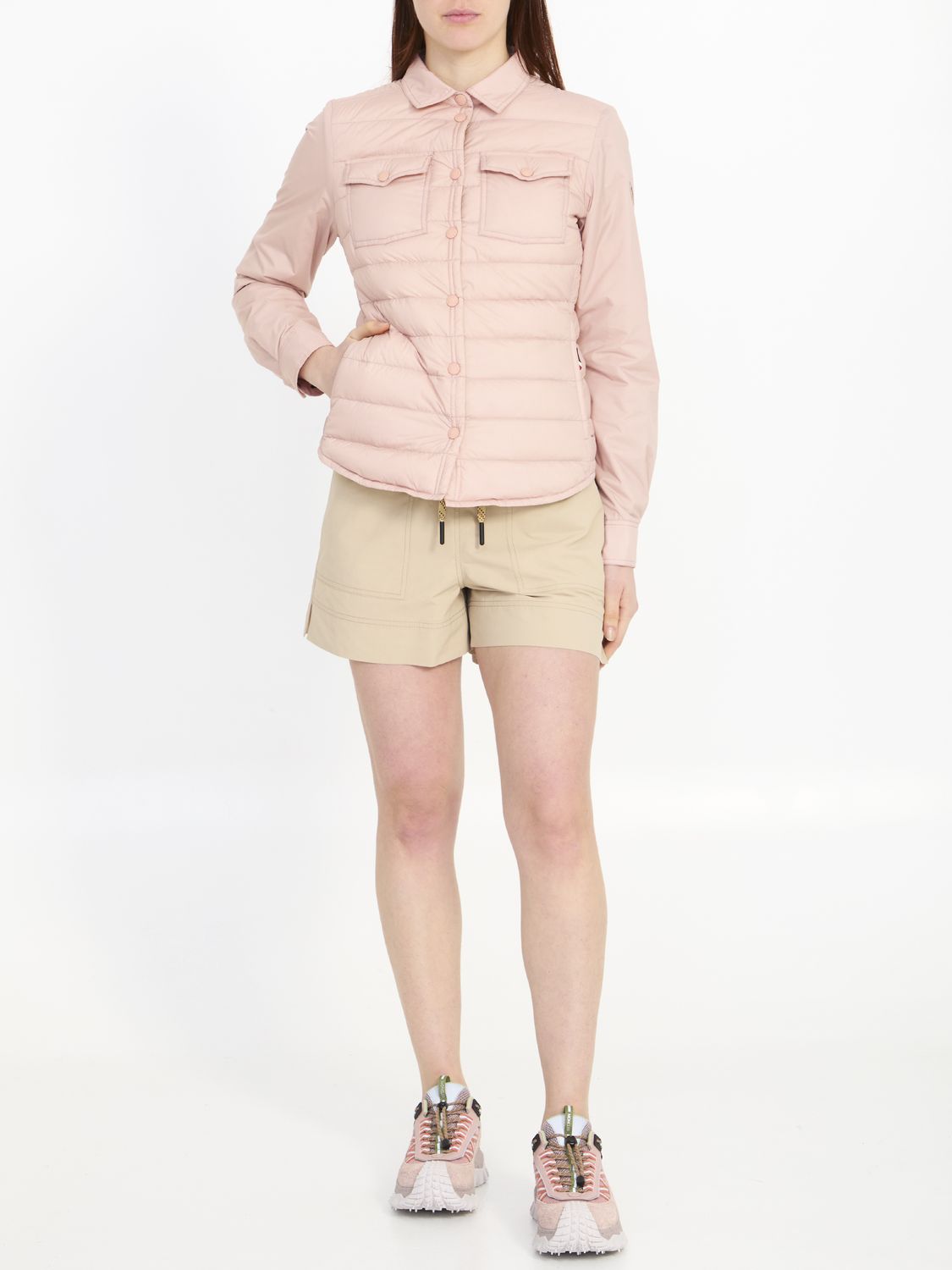 Pink Nylon Down Jacket with Shirt Collar and Adjustable Cuffs for Women