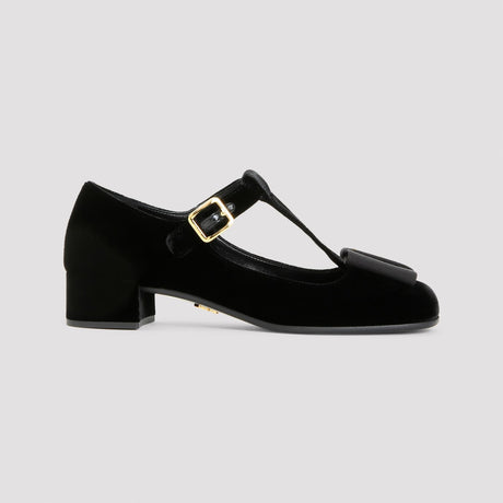 PRADA T-Strap Logo Bow Velvet Pumps - 3.5cm Heel Height