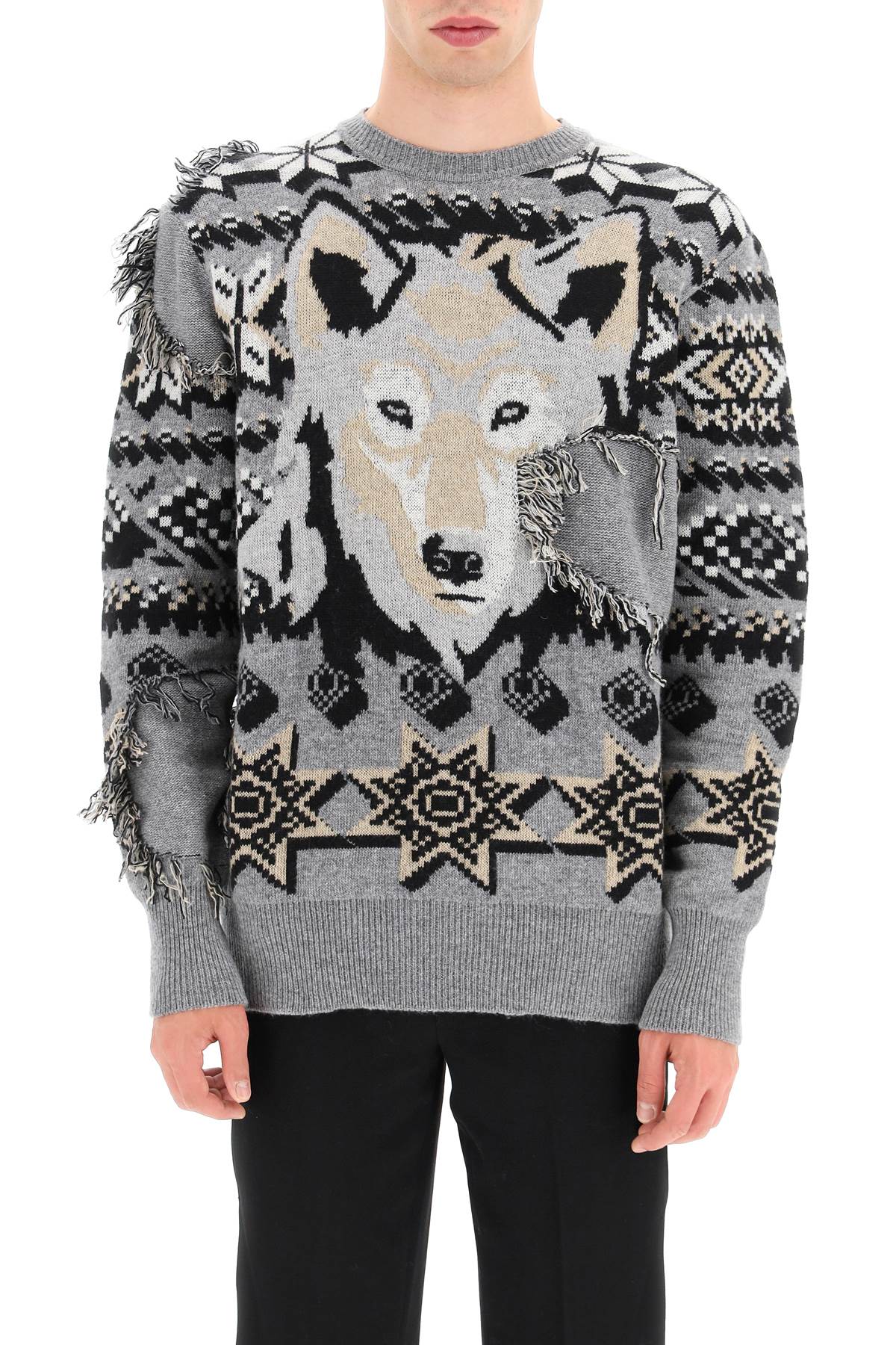 Men's Grey Wool Jacquard Jumper with Wolf Embellishment and Geometric Patterns