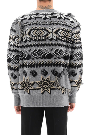 Men's Wool Jacquard Jumper in Grey with Wolf Embellishment and Geometric Patterns