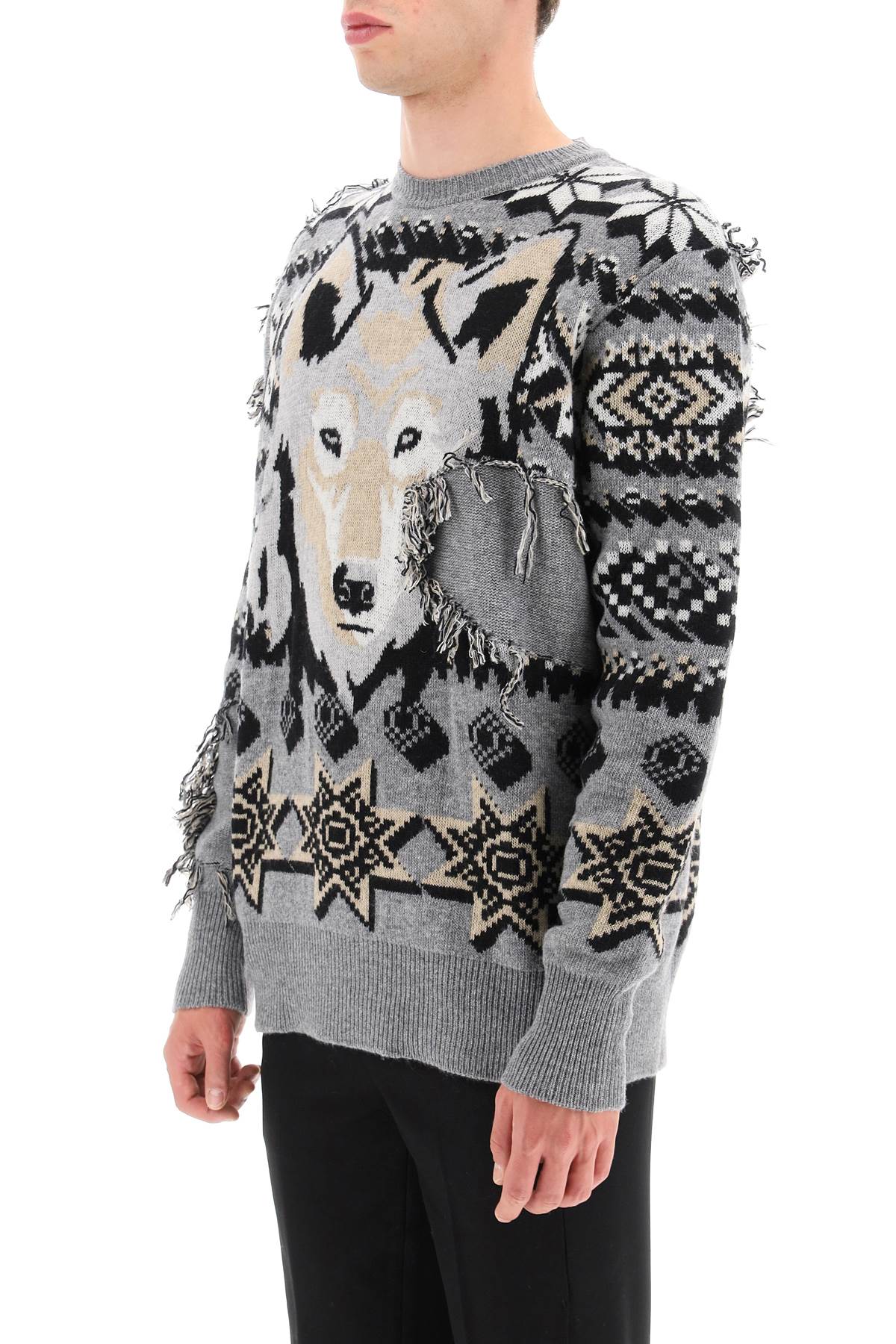 Men's Wool Jacquard Jumper in Grey with Wolf Embellishment and Geometric Patterns