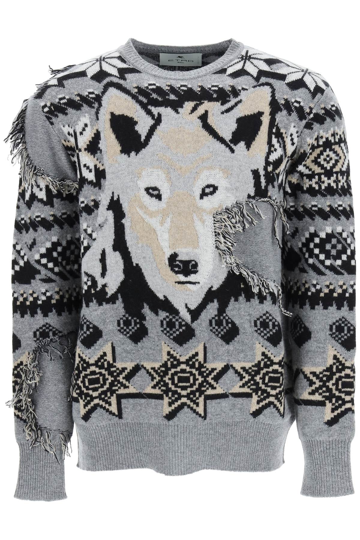 Men's Grey Wool Jacquard Jumper with Wolf Embellishment and Geometric Patterns