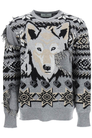 ETRO Men's Wool Jacquard Jumper in Grey with Wolf Embellishment and Geometric Patterns