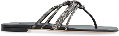 Elegant Black Leather Sandals with Sparkling Rhinestones