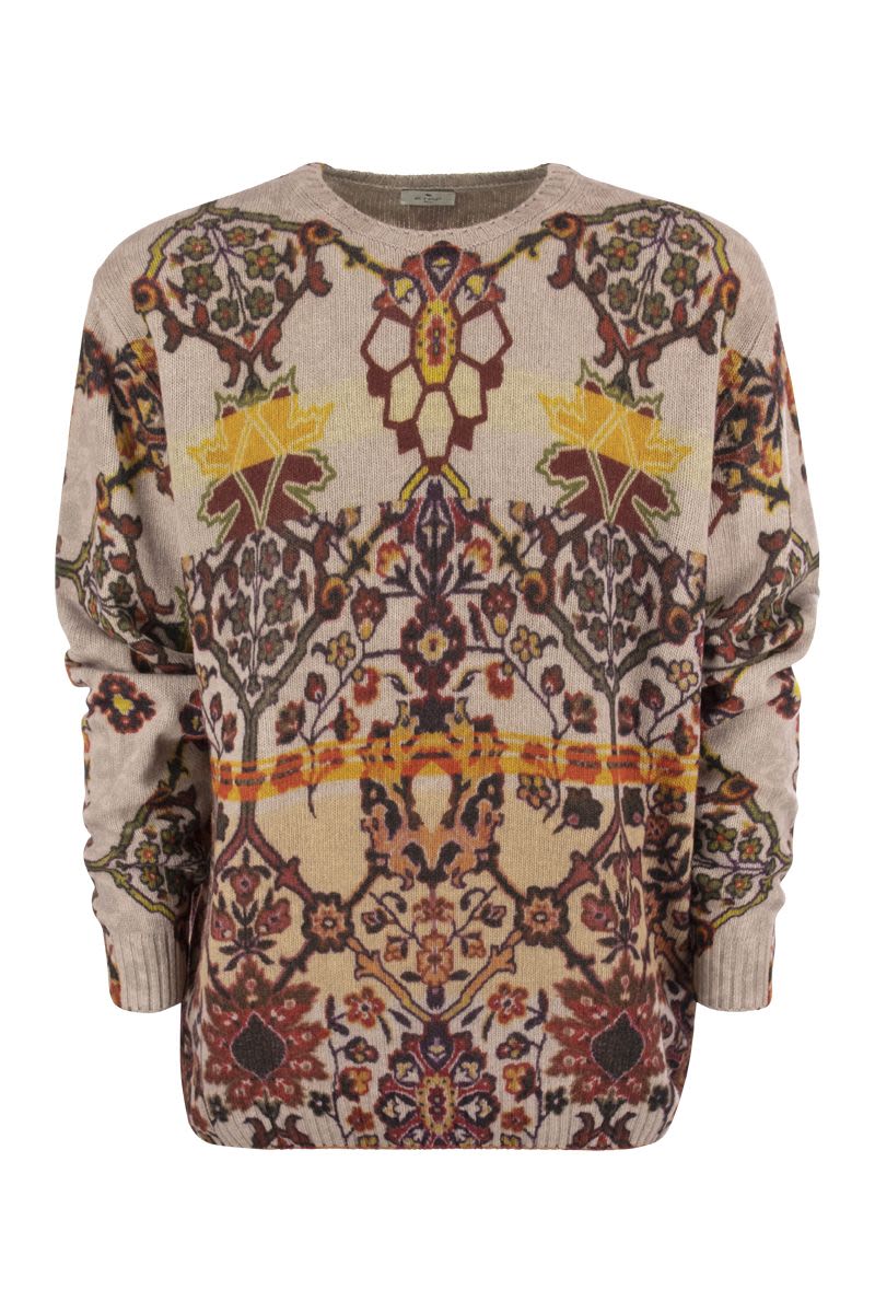 ETRO Carded Virgin Wool Sweater with Placed Floral Print - Men's Crew Neck Knit for FW22