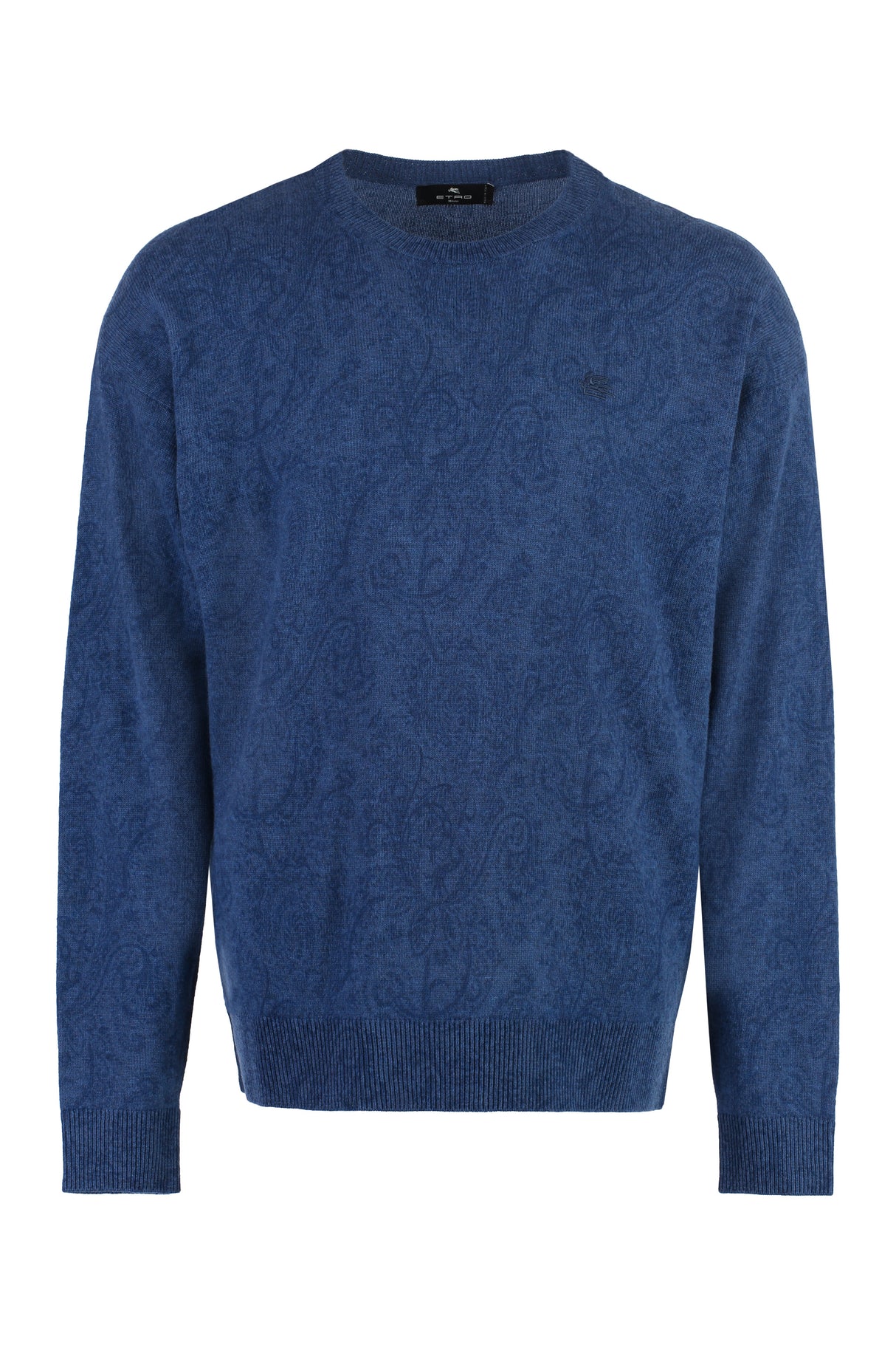 時尚男士藍色羊毛毛衣，具有印花圖案和條紋邊緣