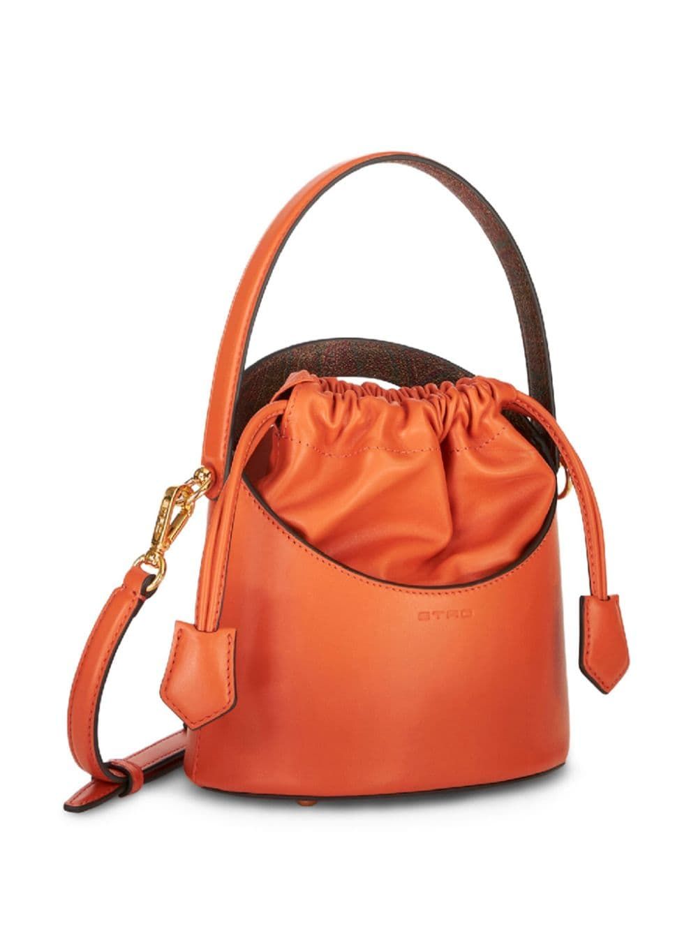 ETRO Mini Saturno Bucket Handbag in Orange Lamb Leather with Paisley Motif and Gold-Tone Hardware - 18x18.5 cm