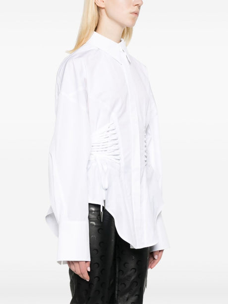 White Cotton Lace-Up Shirt with Pointed Collar and Long Sleeves