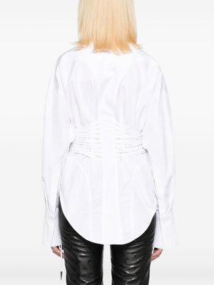 White Cotton Lace-Up Shirt with Pointed Collar and Long Sleeves