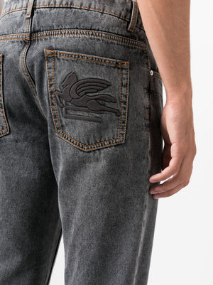 ETRO Grey Logo-Embroidered Tapered Jeans for Men