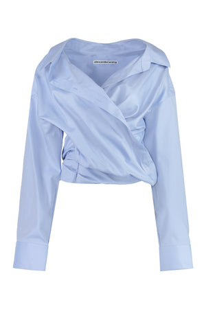 قميص قطني باللون الأزرق الفاتح برقبة على شكل V للنساء - خريف وشتاء 2023