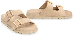 PRADA Elegant Suede Slide Sandals with Gold Buckle Accents