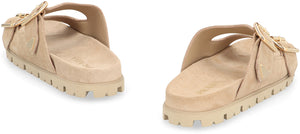 PRADA Elegant Suede Slide Sandals with Gold Buckle Accents