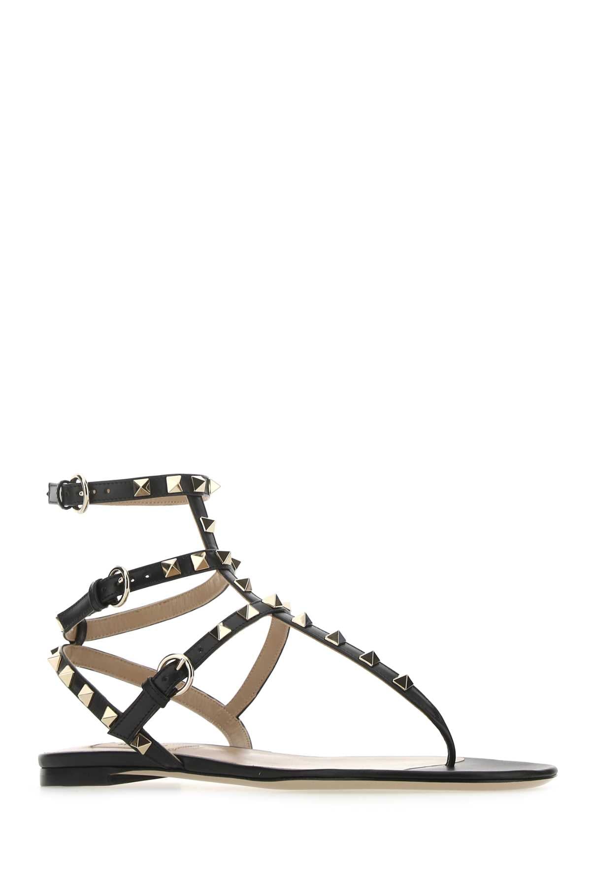 VALENTINO GARAVANI Rockstud Black Leather Thong Sandals for Women