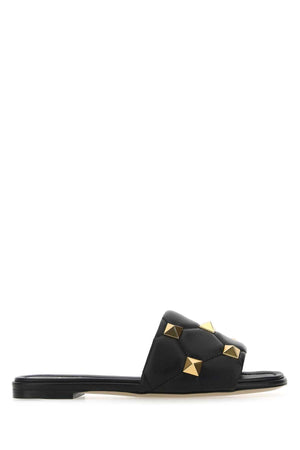 VALENTINO GARAVANI Black Nappa Leather Roman Stud Slippers