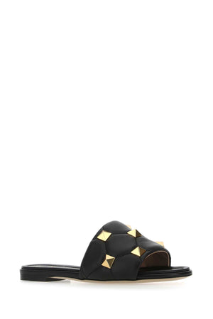 VALENTINO GARAVANI Black Nappa Leather Roman Stud Slippers