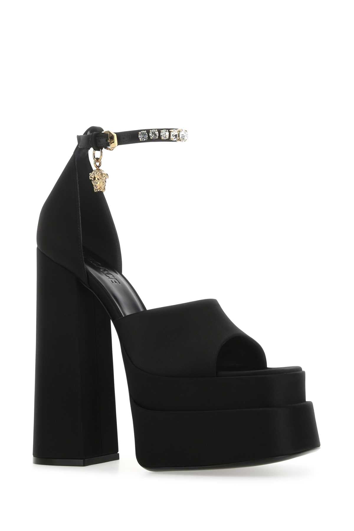 VERSACE Black Satin Medusa Aevitas Sandals - 16 cm Heel Height