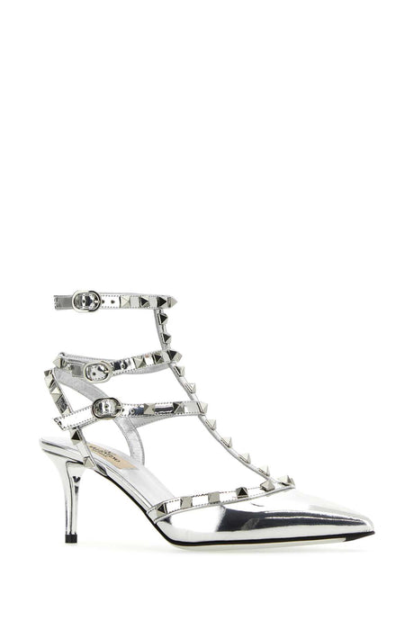 VALENTINO GARAVANI Silver Leather Rockstud Pumps - 7 cm Heel