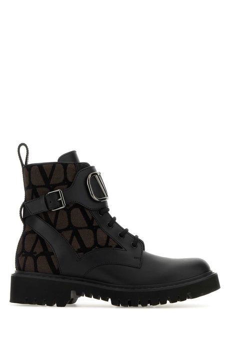 VALENTINO GARAVANI Two-tone Leather and Fabric Logo Combat Ankle Boots