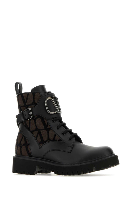 VALENTINO GARAVANI Two-tone Leather and Fabric Logo Combat Ankle Boots