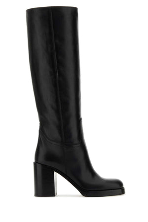 PRADA Elegant Black Leather Boots with 9 cm Heel Height