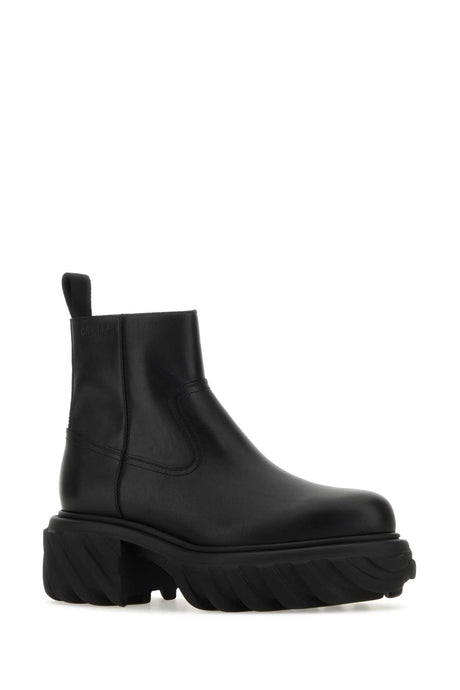 OFF WHITE Stylish Black Leather Tractor Motor Ankle Boots