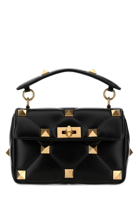 VALENTINO GARAVANI Medium Roman Stud Handbag in Black Nappa Leather