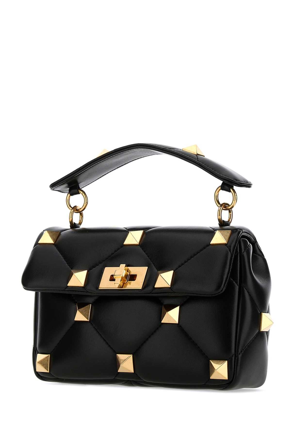 VALENTINO GARAVANI Medium Roman Stud Handbag in Black Nappa Leather