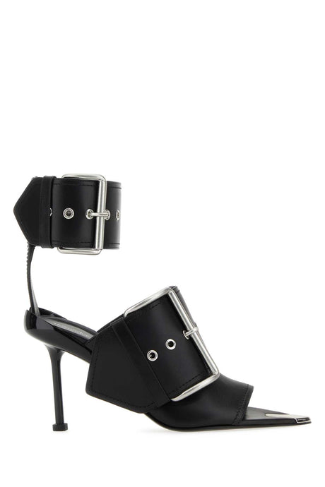 ALEXANDER MCQUEEN Black Leather Slash Sandals - 9 cm Heel Height