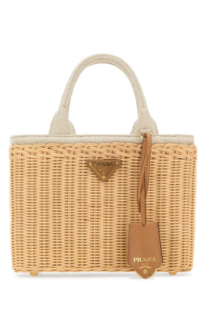 PRADA Two-tone Mini Wicker and Canvas Handbag - 25 cm x 19.5 cm x 11 cm