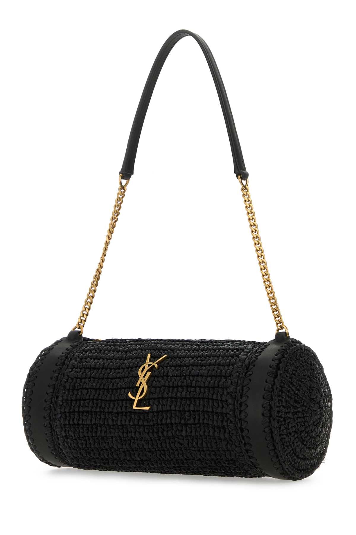 SAINT LAURENT Mini Black Raffia & Leather Cassandre Shoulder Handbag