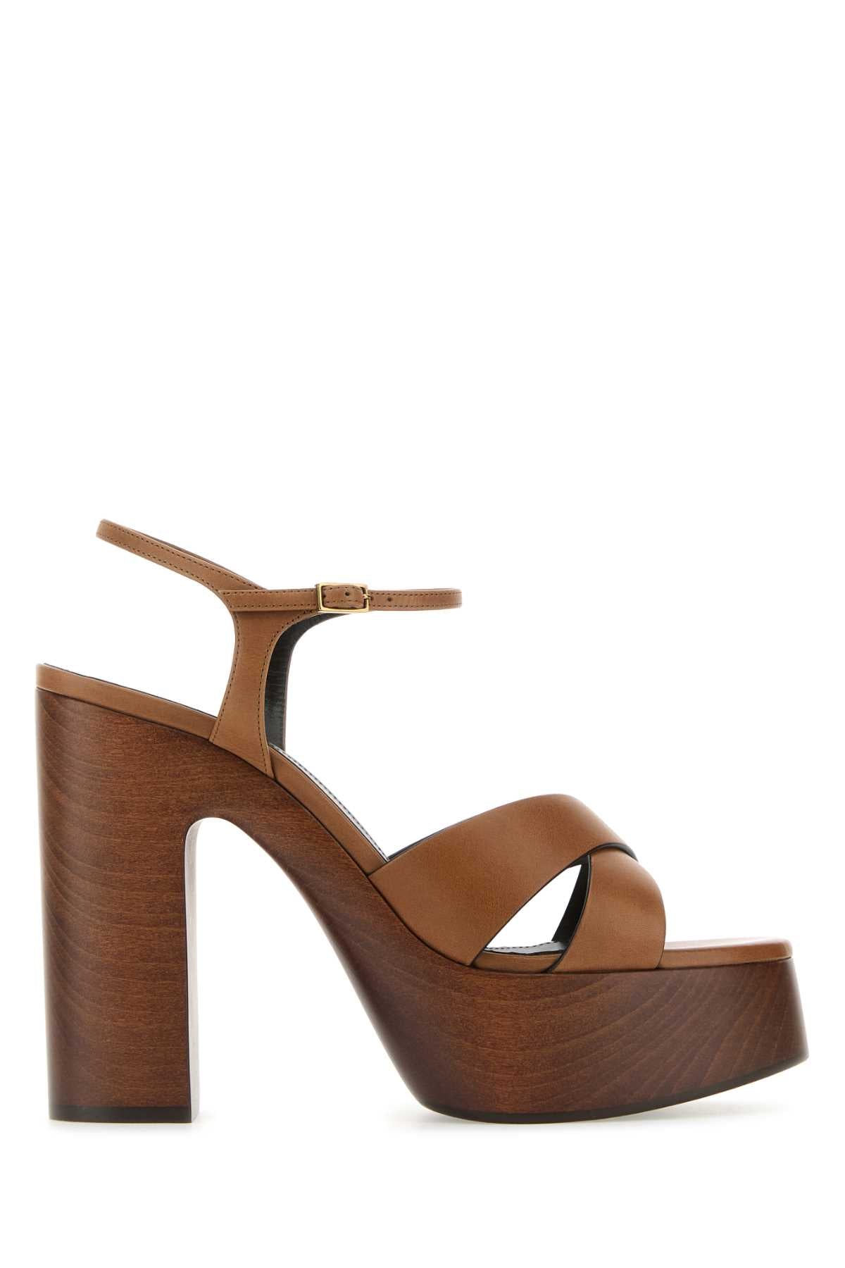 SAINT LAURENT Elevated Caramel Leather Bianca Sandals with 4 cm Platform