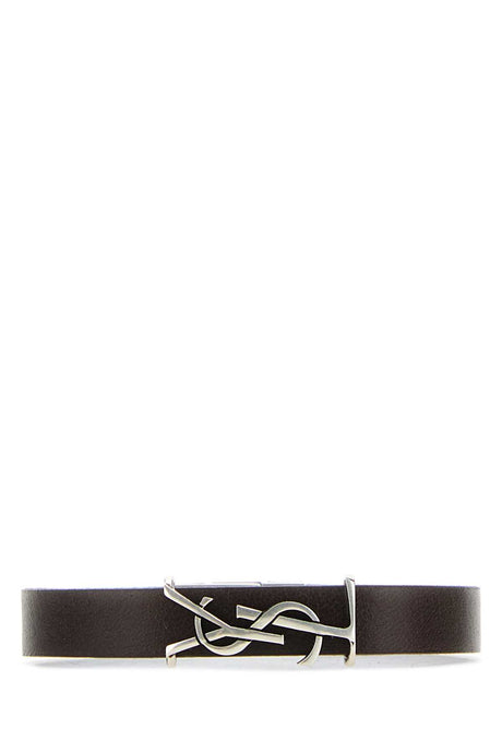 SAINT LAURENT Dark Brown Leather Cassandre Bracelet - 15 cm